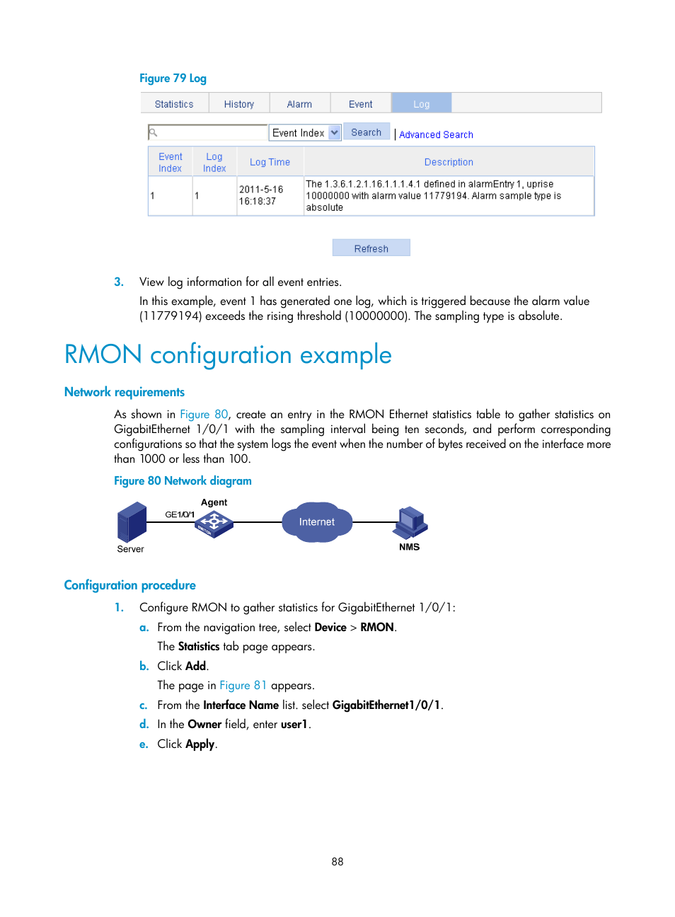 Rmon configuration example, Network requirements, Configuration procedure | H3C Technologies H3C WX5500E Series Access Controllers User Manual | Page 98 / 254