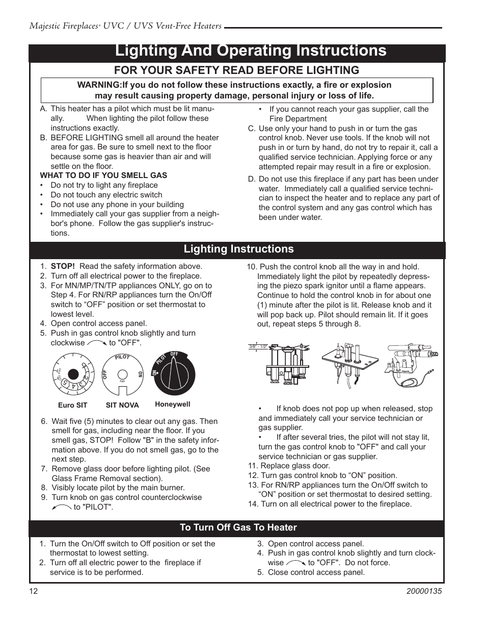 Lighting and operating instructions, For your safety read before lighting, Lighting instructions | Majestic fireplaces, Uvc / uvs vent-free heaters | CFM UVC43 User Manual | Page 12 / 20
