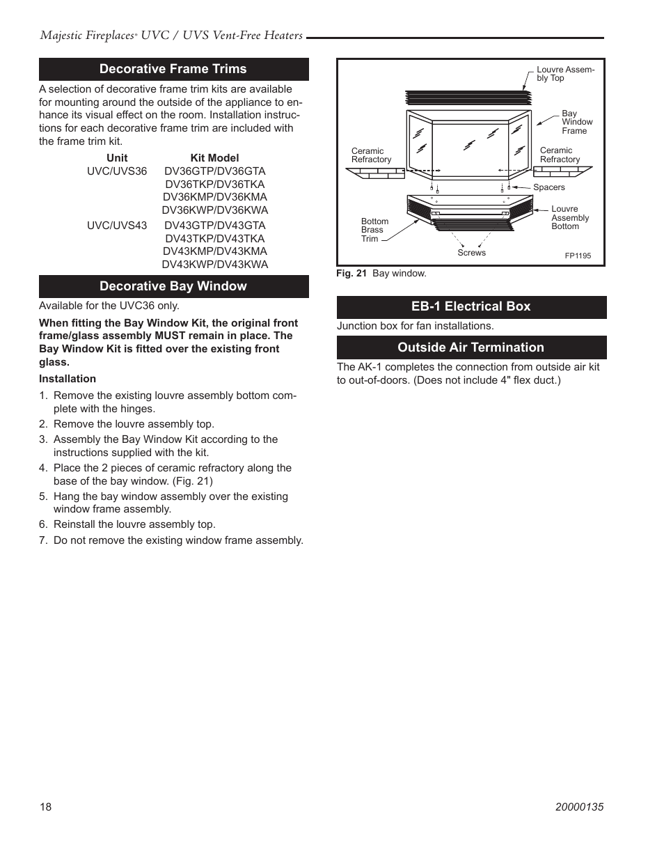 Majestic fireplaces, Uvc / uvs vent-free heaters, Decorative frame trims | Decorative bay window, Eb-1 electrical box, Outside air termination | CFM UVC43 User Manual | Page 18 / 20