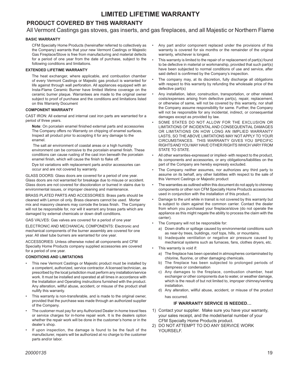 Limited lifetime warranty, Majestic fireplaces, Uvc / uvs vent-free heaters | CFM UVC43 User Manual | Page 19 / 20