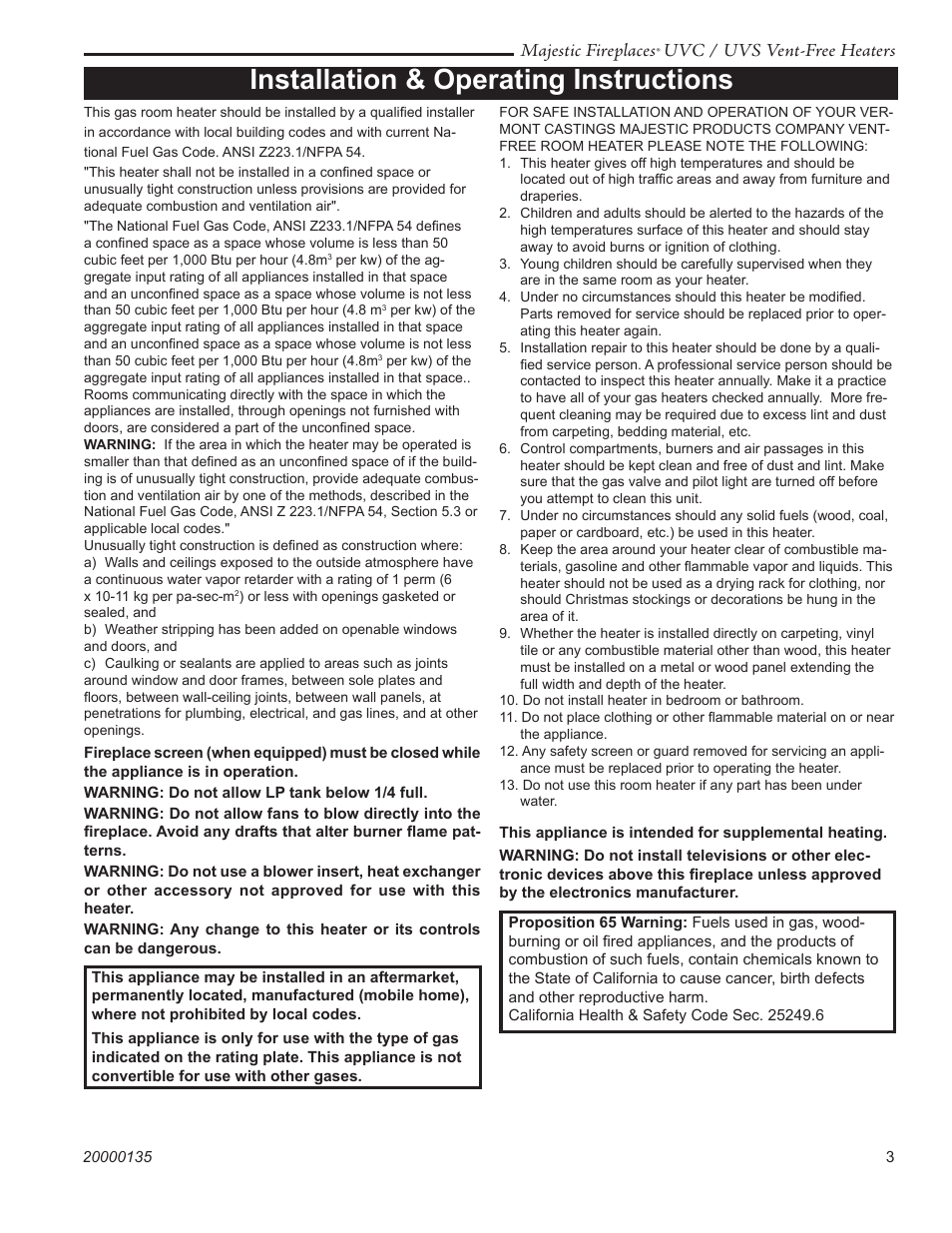 Installation & operating instructions, Majestic fireplaces, Uvc / uvs vent-free heaters | CFM UVC43 User Manual | Page 3 / 20