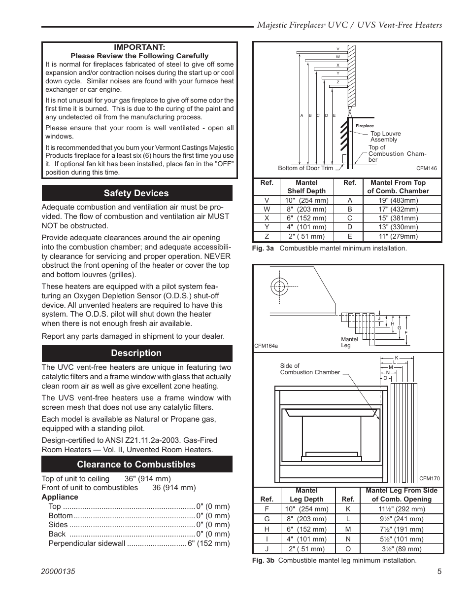 Majestic fireplaces, Uvc / uvs vent-free heaters, Safety devices | Description, Clearance to combustibles | CFM UVC43 User Manual | Page 5 / 20