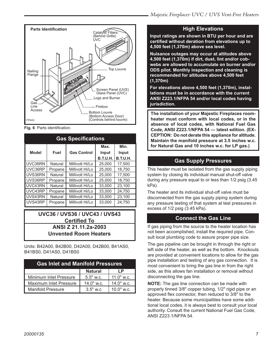 Majestic fireplaces, Uvc / uvs vent-free heaters, Gas speciﬁcations | High elevations, Gas supply pressures, Connect the gas line | CFM UVC43 User Manual | Page 7 / 20