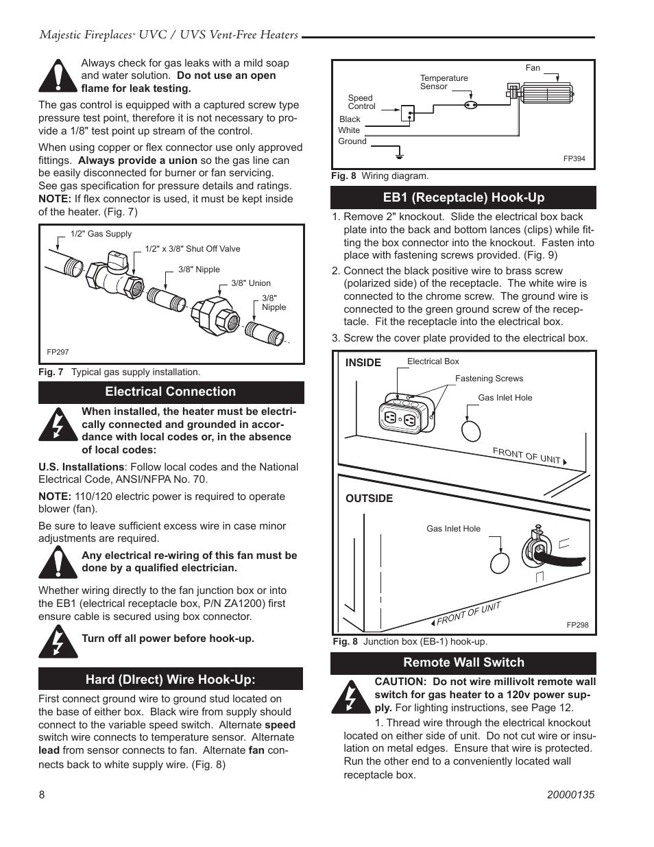 Majestic fireplaces, Uvc / uvs vent-free heaters, Electrical connection | Hard (direct) wire hook-up, Eb1 (receptacle) hook-up, Remote wall switch | CFM UVC43 User Manual | Page 8 / 20