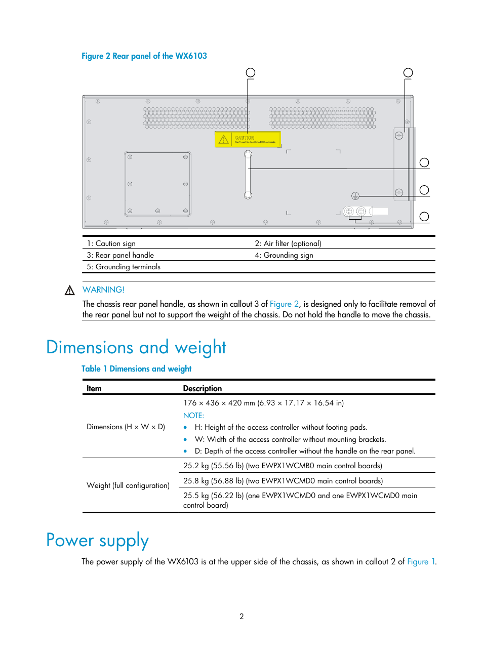 Dimensions and weight, Power supply | H3C Technologies H3C WX6000 Series Access Controllers User Manual | Page 10 / 90