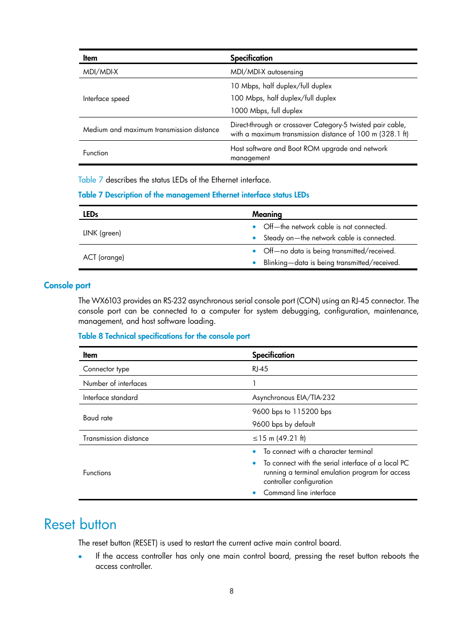 Console port, Reset button | H3C Technologies H3C WX6000 Series Access Controllers User Manual | Page 16 / 90