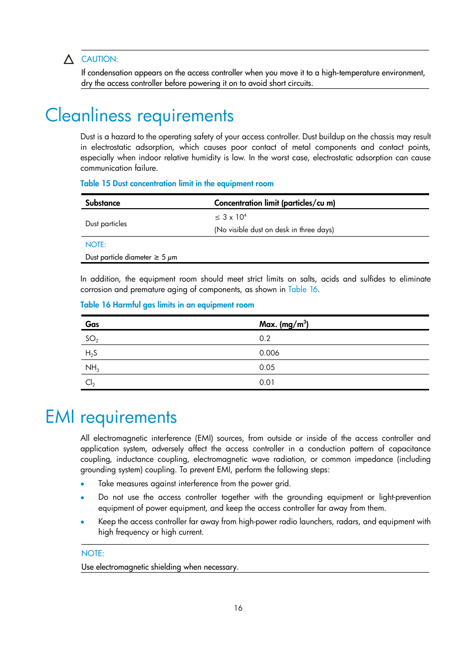 Cleanliness requirements, Emi requirements | H3C Technologies H3C WX6000 Series Access Controllers User Manual | Page 24 / 90