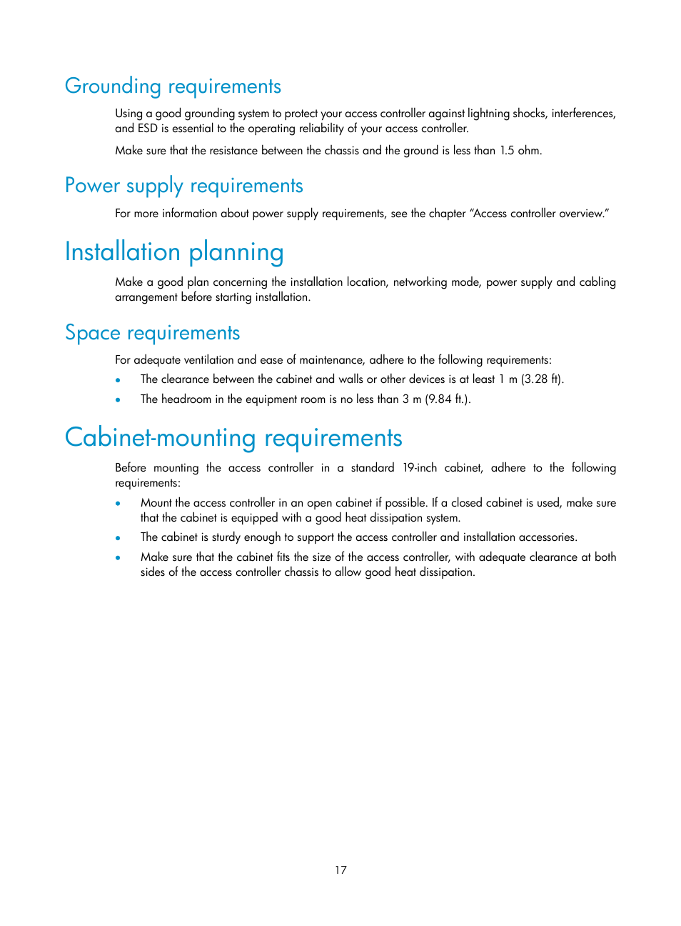 Grounding requirements, Power supply requirements, Installation planning | Space requirements, Cabinet-mounting requirements | H3C Technologies H3C WX6000 Series Access Controllers User Manual | Page 25 / 90