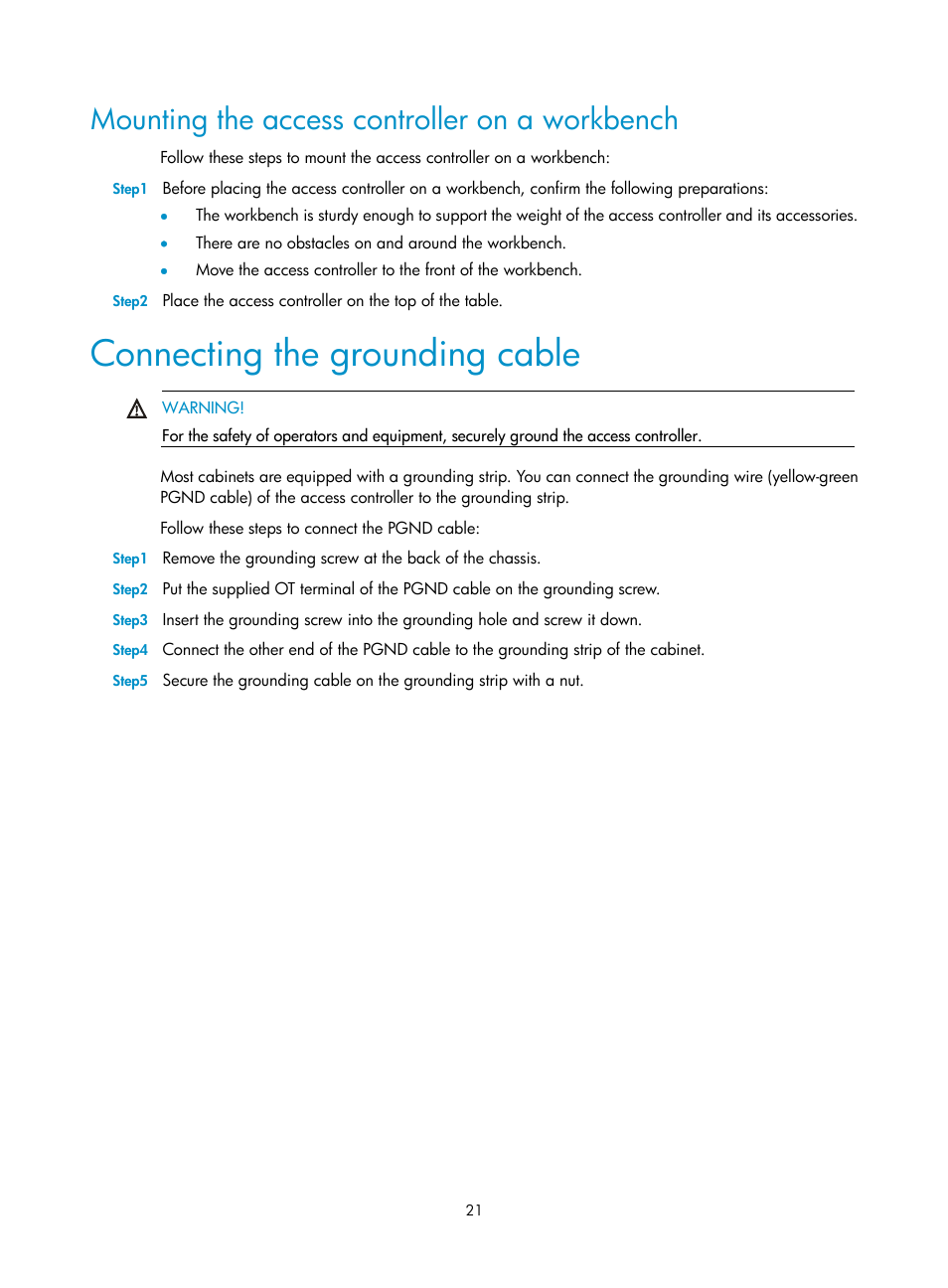 Mounting the access controller on a workbench, Connecting the grounding cable | H3C Technologies H3C WX6000 Series Access Controllers User Manual | Page 29 / 90