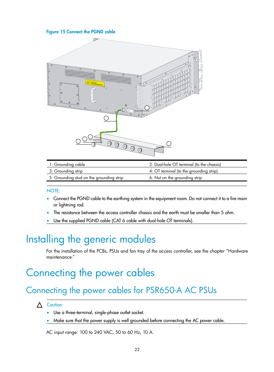 Installing the generic modules, Connecting the power cables, Connecting the power cables for psr650-a ac psus | H3C Technologies H3C WX6000 Series Access Controllers User Manual | Page 30 / 90