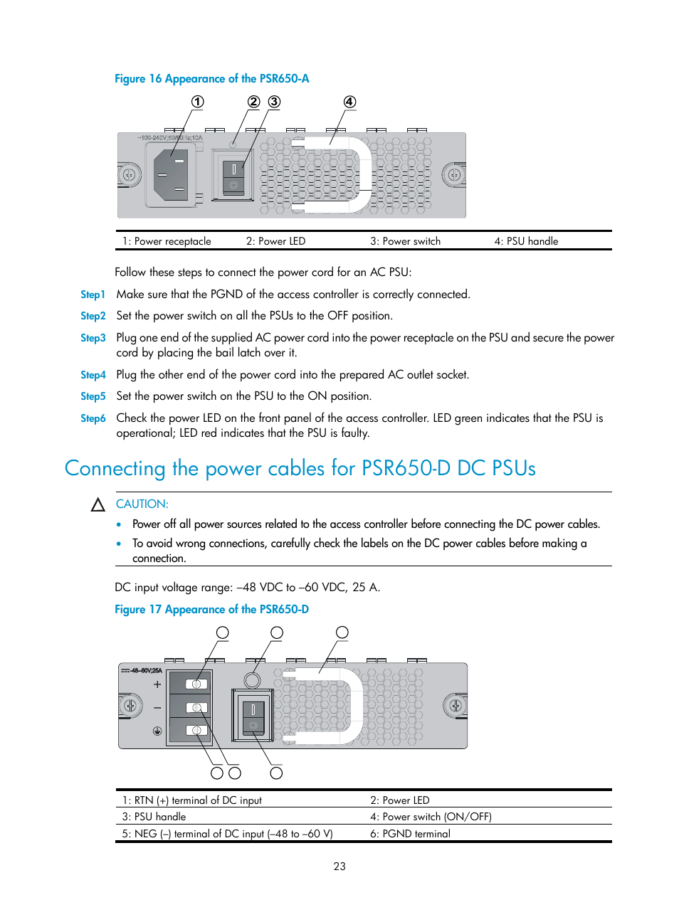 Connecting the power cables for psr650-d dc psus | H3C Technologies H3C WX6000 Series Access Controllers User Manual | Page 31 / 90