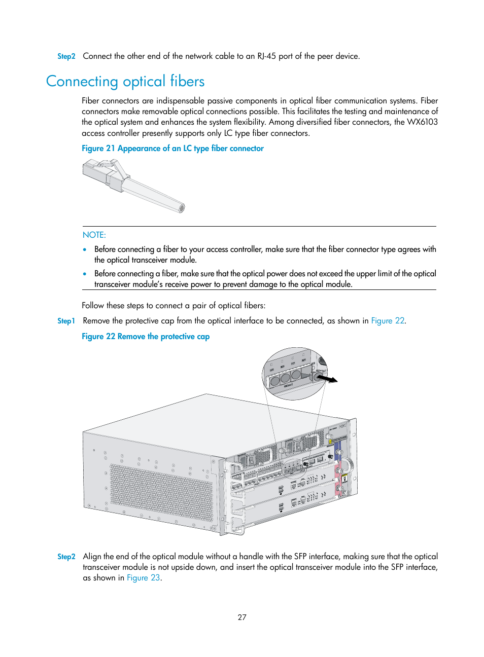 Connecting optical fibers | H3C Technologies H3C WX6000 Series Access Controllers User Manual | Page 35 / 90