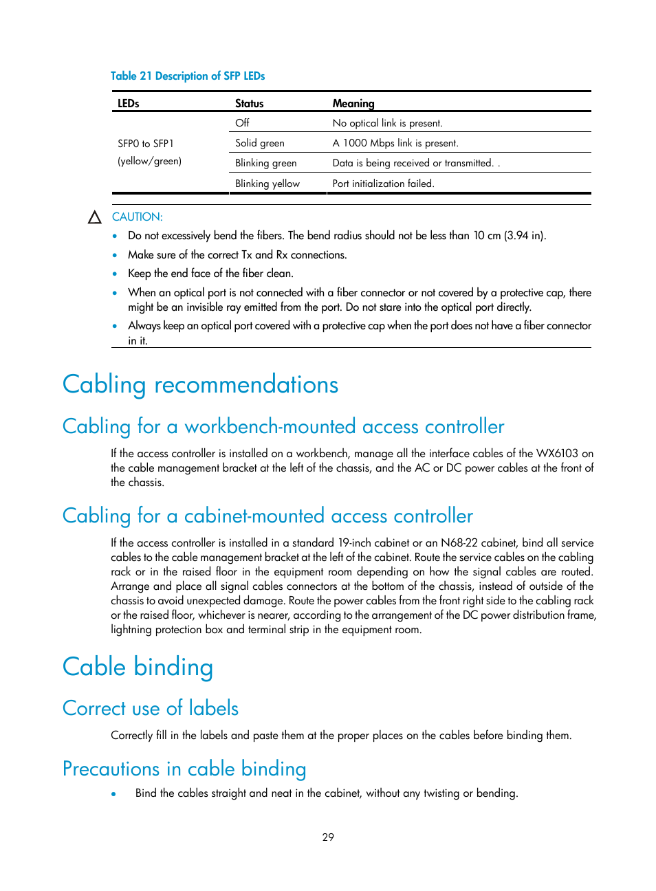 Cabling recommendations, Cabling for a workbench-mounted access controller, Cabling for a cabinet-mounted access controller | Cable binding, Correct use of labels, Precautions in cable binding | H3C Technologies H3C WX6000 Series Access Controllers User Manual | Page 37 / 90