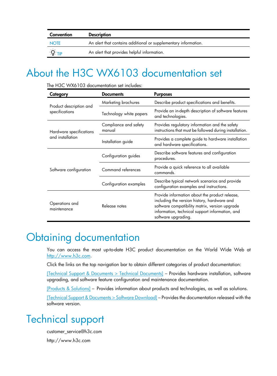 About the h3c wx6103 documentation set, Obtaining documentation, Technical support | H3C Technologies H3C WX6000 Series Access Controllers User Manual | Page 4 / 90