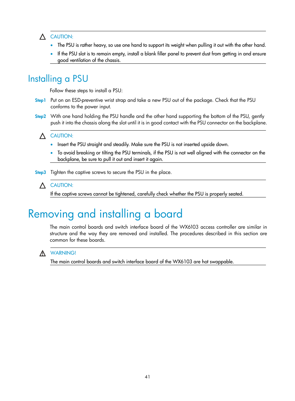 Installing a psu, Removing and installing a board | H3C Technologies H3C WX6000 Series Access Controllers User Manual | Page 49 / 90