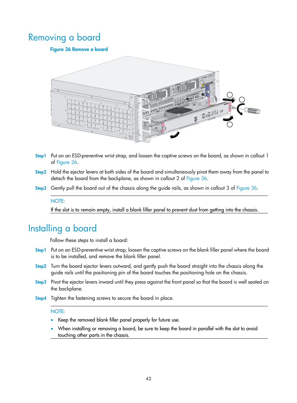 Removing a board, Installing a board | H3C Technologies H3C WX6000 Series Access Controllers User Manual | Page 50 / 90