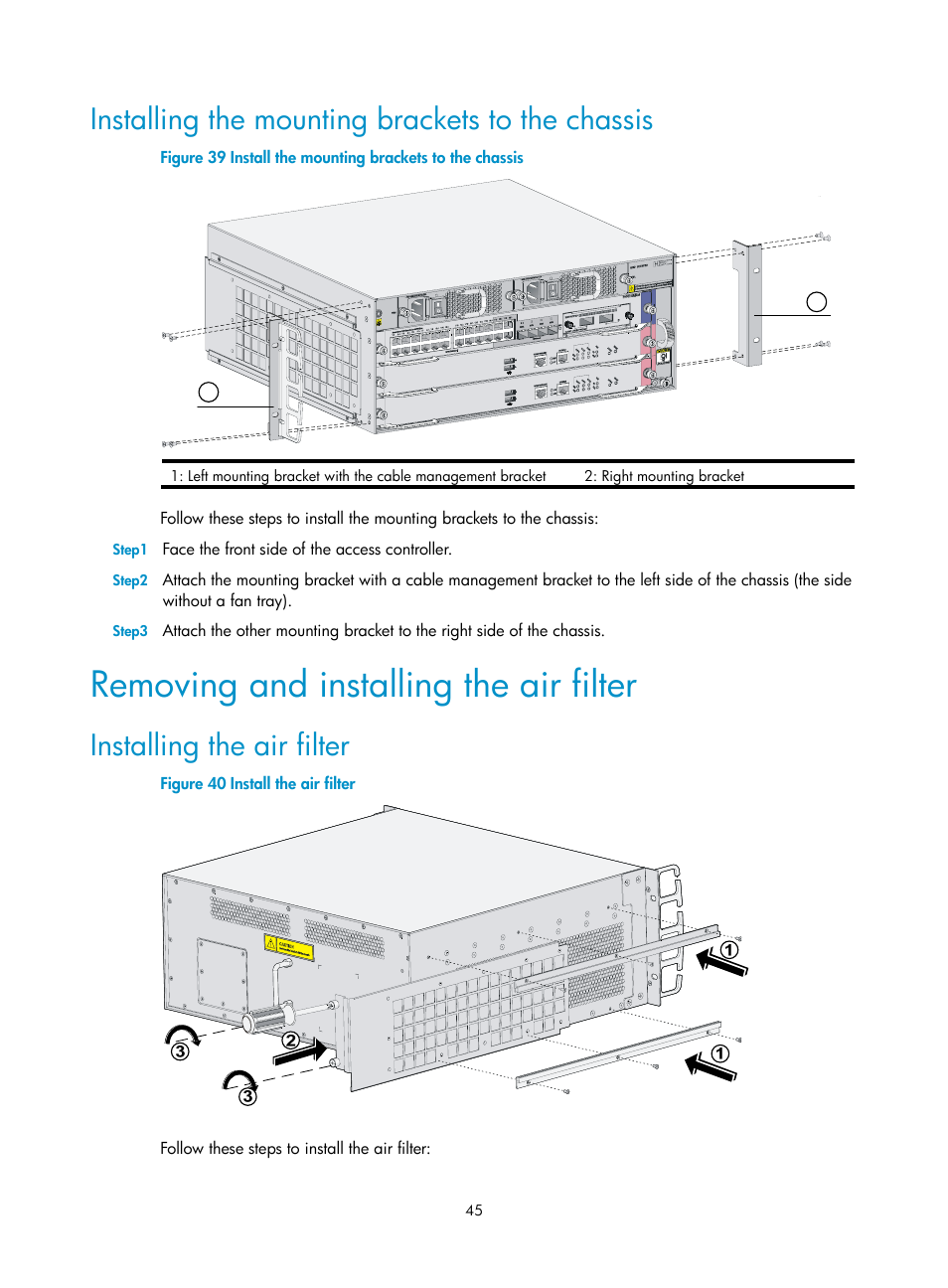 Installing the mounting brackets to the chassis, Removing and installing the air filter, Installing the air filter | H3C Technologies H3C WX6000 Series Access Controllers User Manual | Page 53 / 90