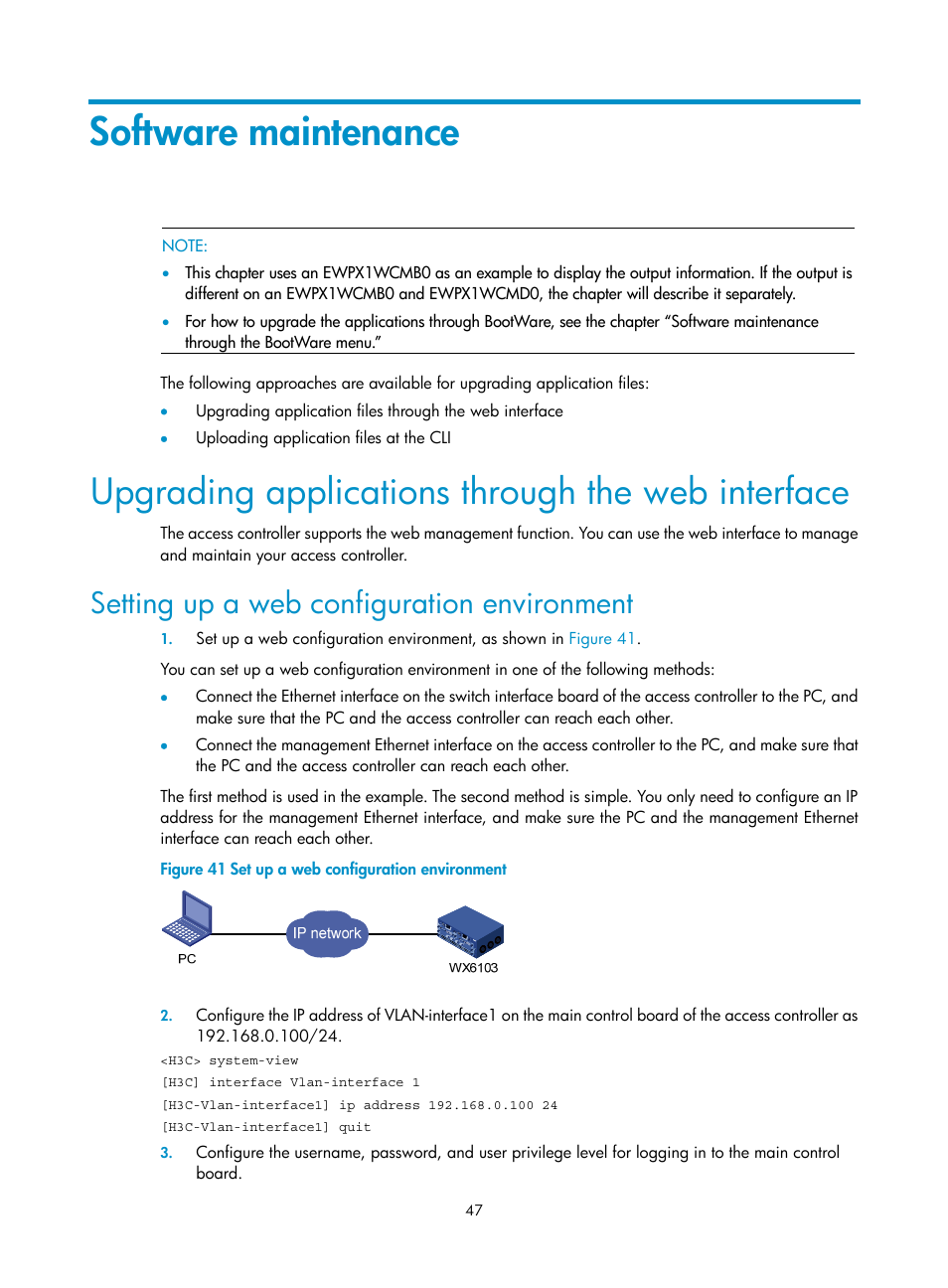 Software maintenance, Upgrading applications through the web interface, Setting up a web configuration environment | H3C Technologies H3C WX6000 Series Access Controllers User Manual | Page 55 / 90