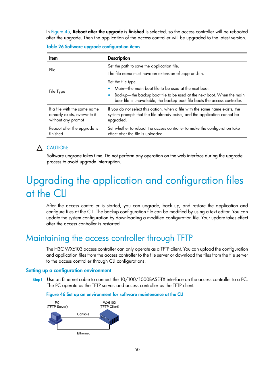 Maintaining the access controller through tftp, Setting up a configuration environment | H3C Technologies H3C WX6000 Series Access Controllers User Manual | Page 58 / 90