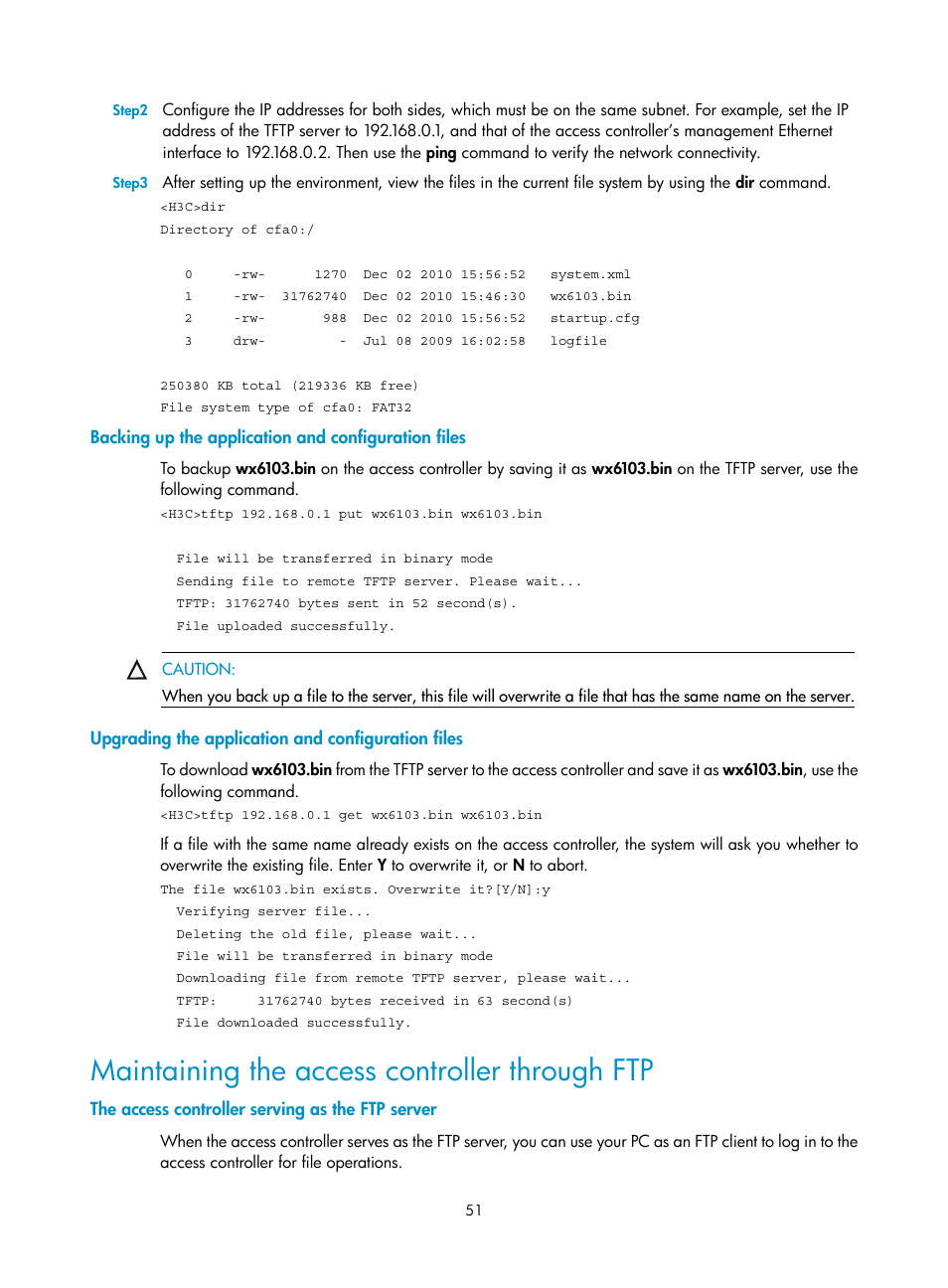 Backing up the application and configuration files, Upgrading the application and configuration files, Maintaining the access controller through ftp | The access controller serving as the ftp server | H3C Technologies H3C WX6000 Series Access Controllers User Manual | Page 59 / 90