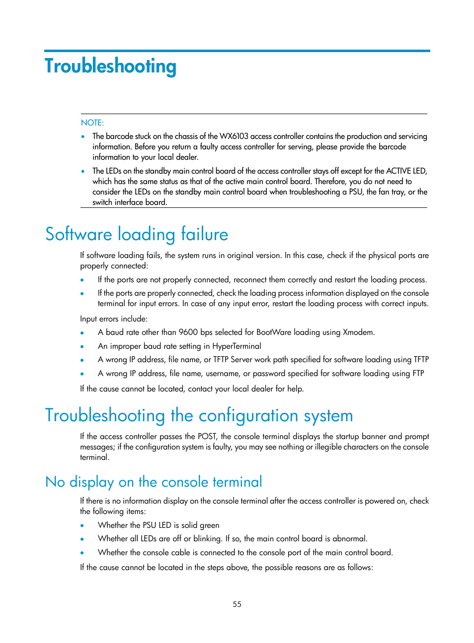 Troubleshooting, Software loading failure, Troubleshooting the configuration system | No display on the console terminal | H3C Technologies H3C WX6000 Series Access Controllers User Manual | Page 63 / 90