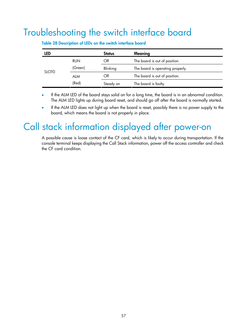 Troubleshooting the switch interface board, Call stack information displayed after power-on | H3C Technologies H3C WX6000 Series Access Controllers User Manual | Page 65 / 90