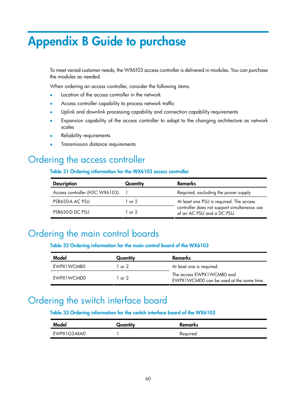 Appendix b guide to purchase, Ordering the access controller, Ordering the main control boards | Ordering the switch interface board | H3C Technologies H3C WX6000 Series Access Controllers User Manual | Page 68 / 90