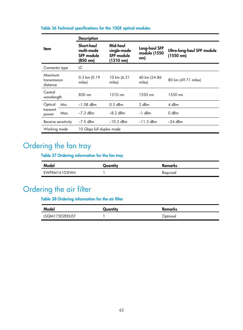 Ordering the fan tray, Ordering the air filter | H3C Technologies H3C WX6000 Series Access Controllers User Manual | Page 70 / 90