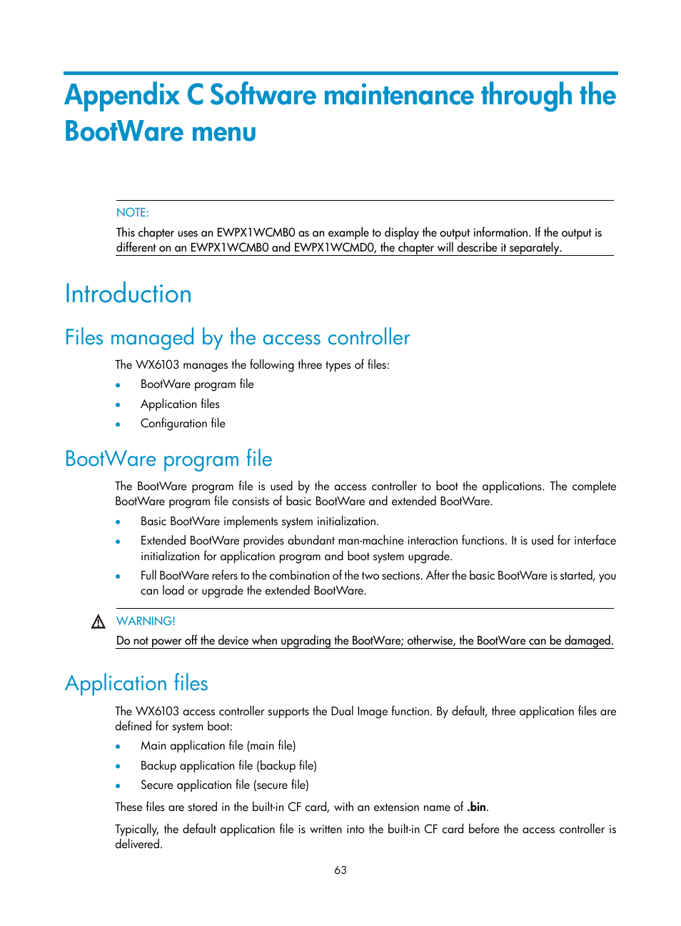 Introduction, Files managed by the access controller, Bootware program file | Application files | H3C Technologies H3C WX6000 Series Access Controllers User Manual | Page 71 / 90