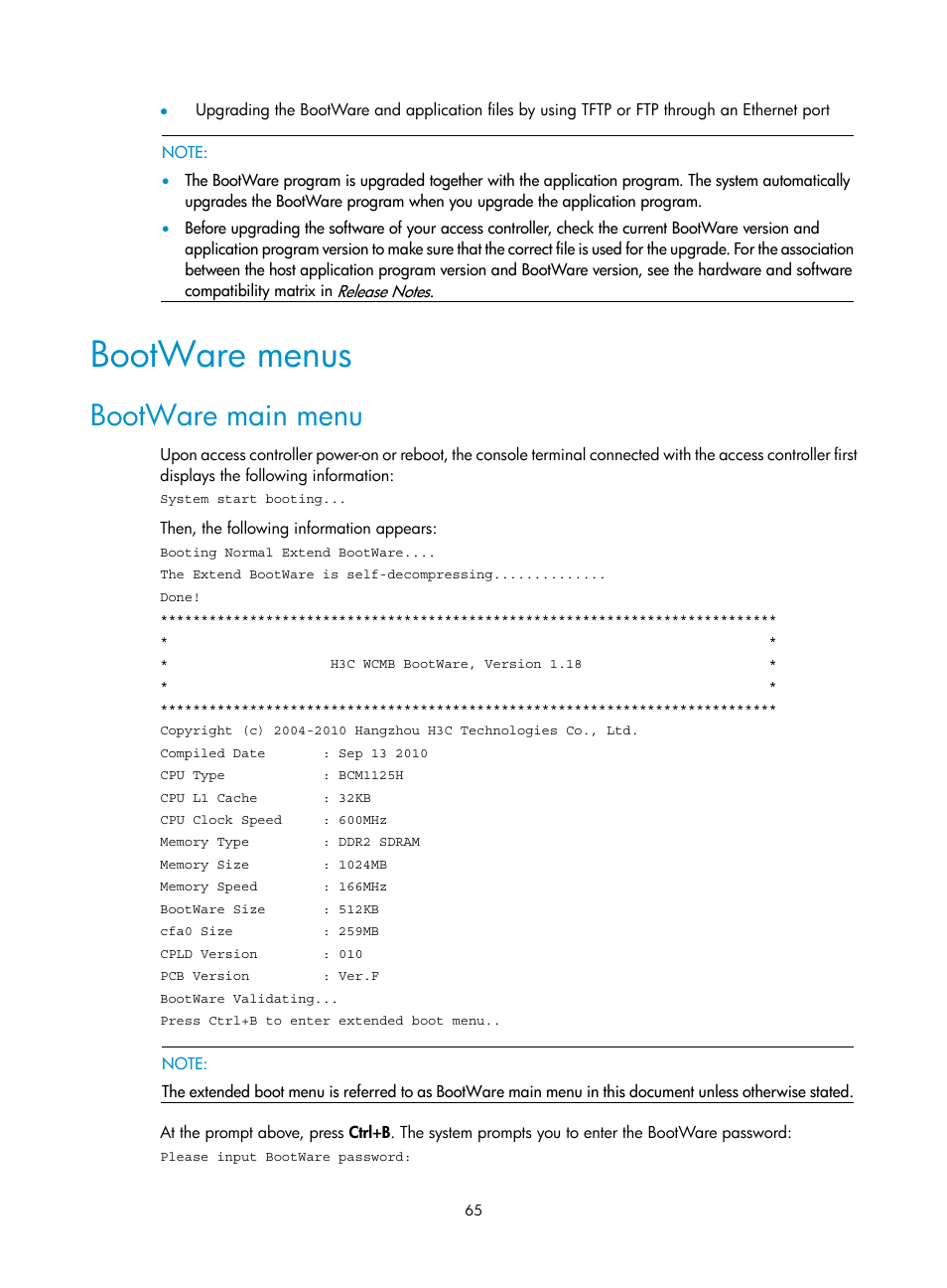 Bootware menus, Bootware main menu | H3C Technologies H3C WX6000 Series Access Controllers User Manual | Page 73 / 90