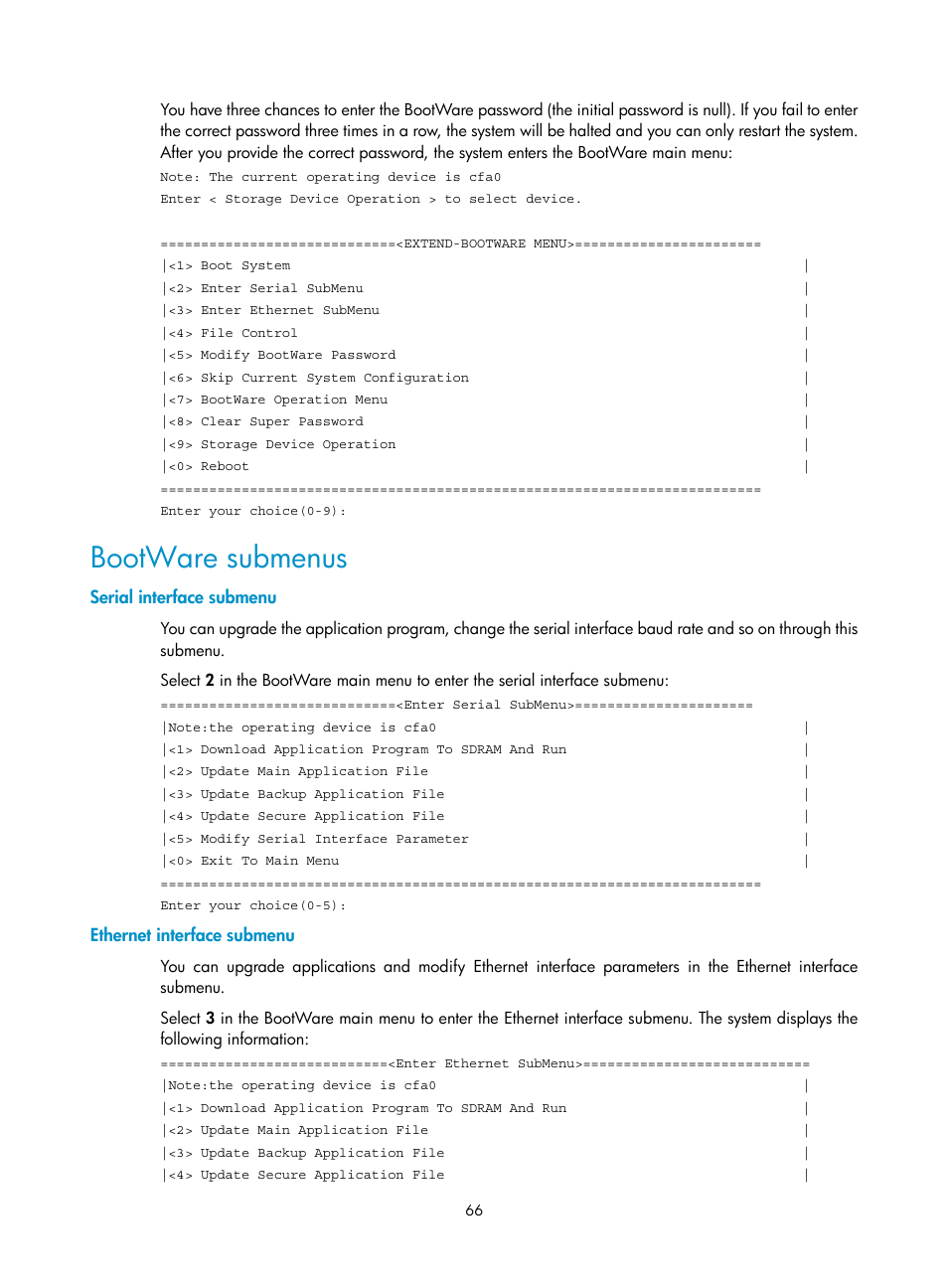 Bootware submenus, Serial interface submenu, Ethernet interface submenu | H3C Technologies H3C WX6000 Series Access Controllers User Manual | Page 74 / 90