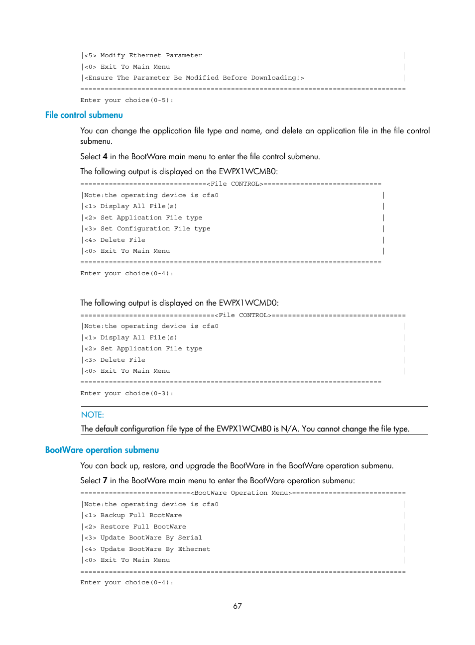 File control submenu, Bootware operation submenu | H3C Technologies H3C WX6000 Series Access Controllers User Manual | Page 75 / 90