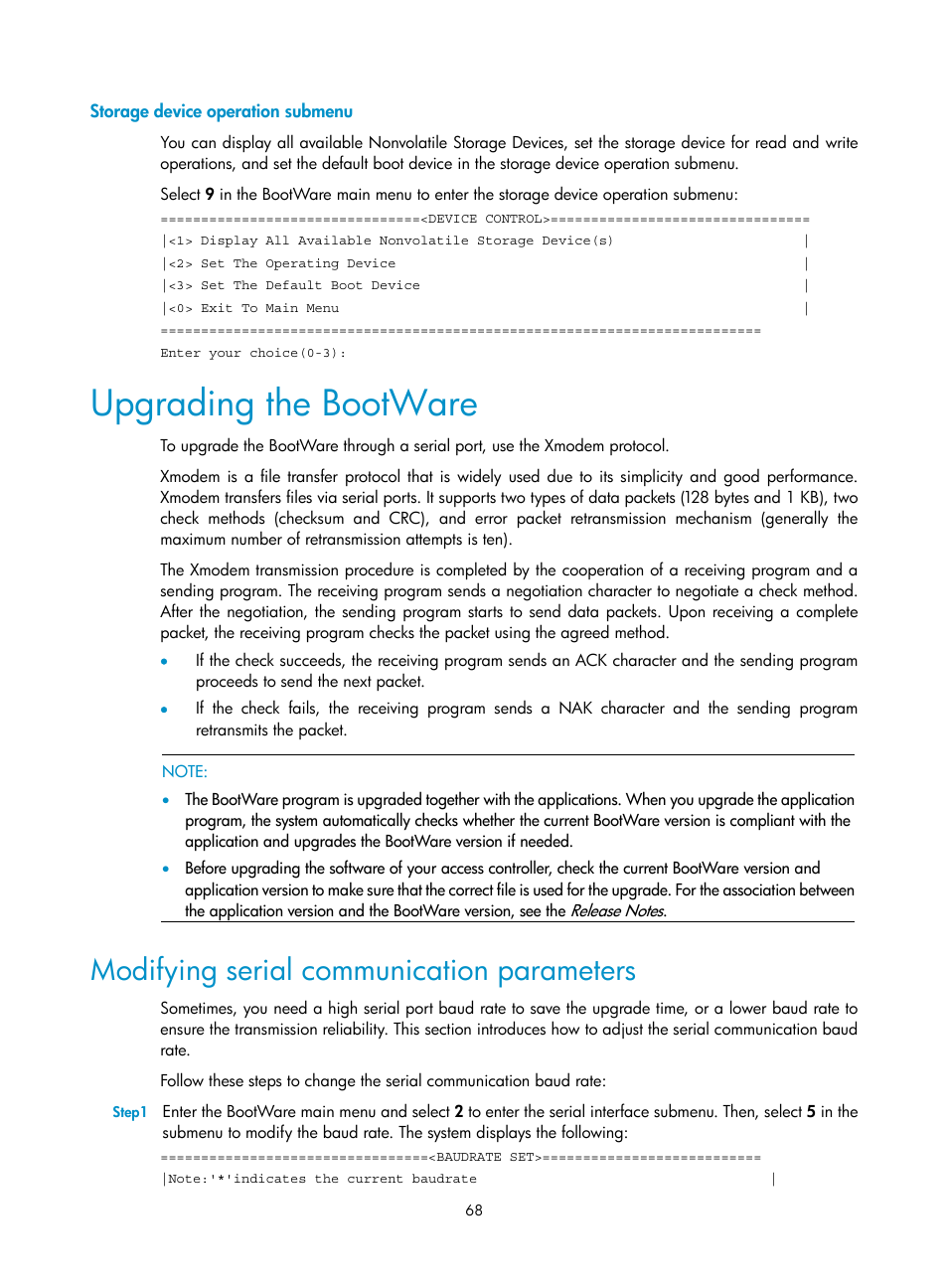 Storage device operation submenu, Upgrading the bootware, Modifying serial communication parameters | H3C Technologies H3C WX6000 Series Access Controllers User Manual | Page 76 / 90