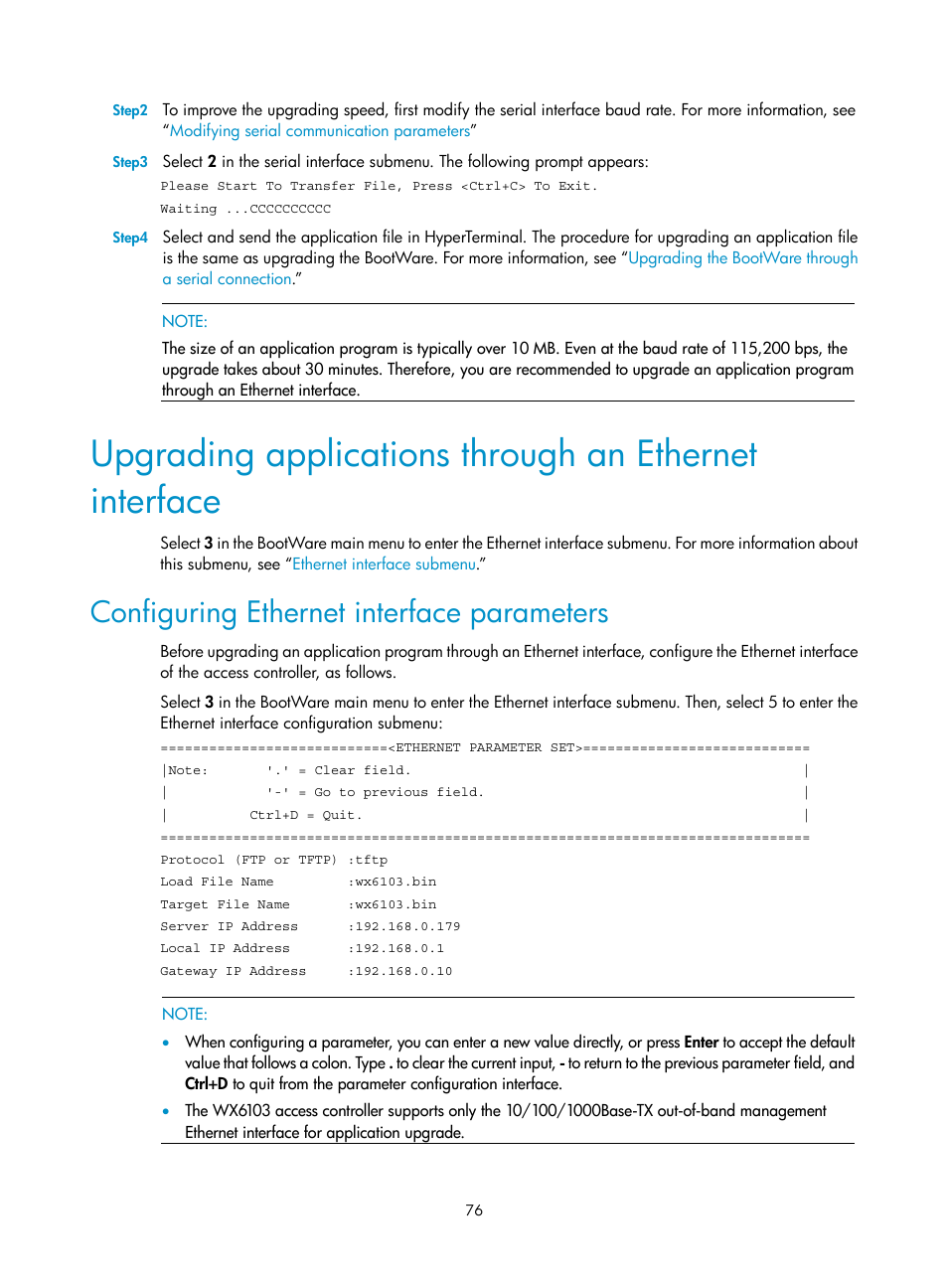 Configuring ethernet interface parameters | H3C Technologies H3C WX6000 Series Access Controllers User Manual | Page 84 / 90