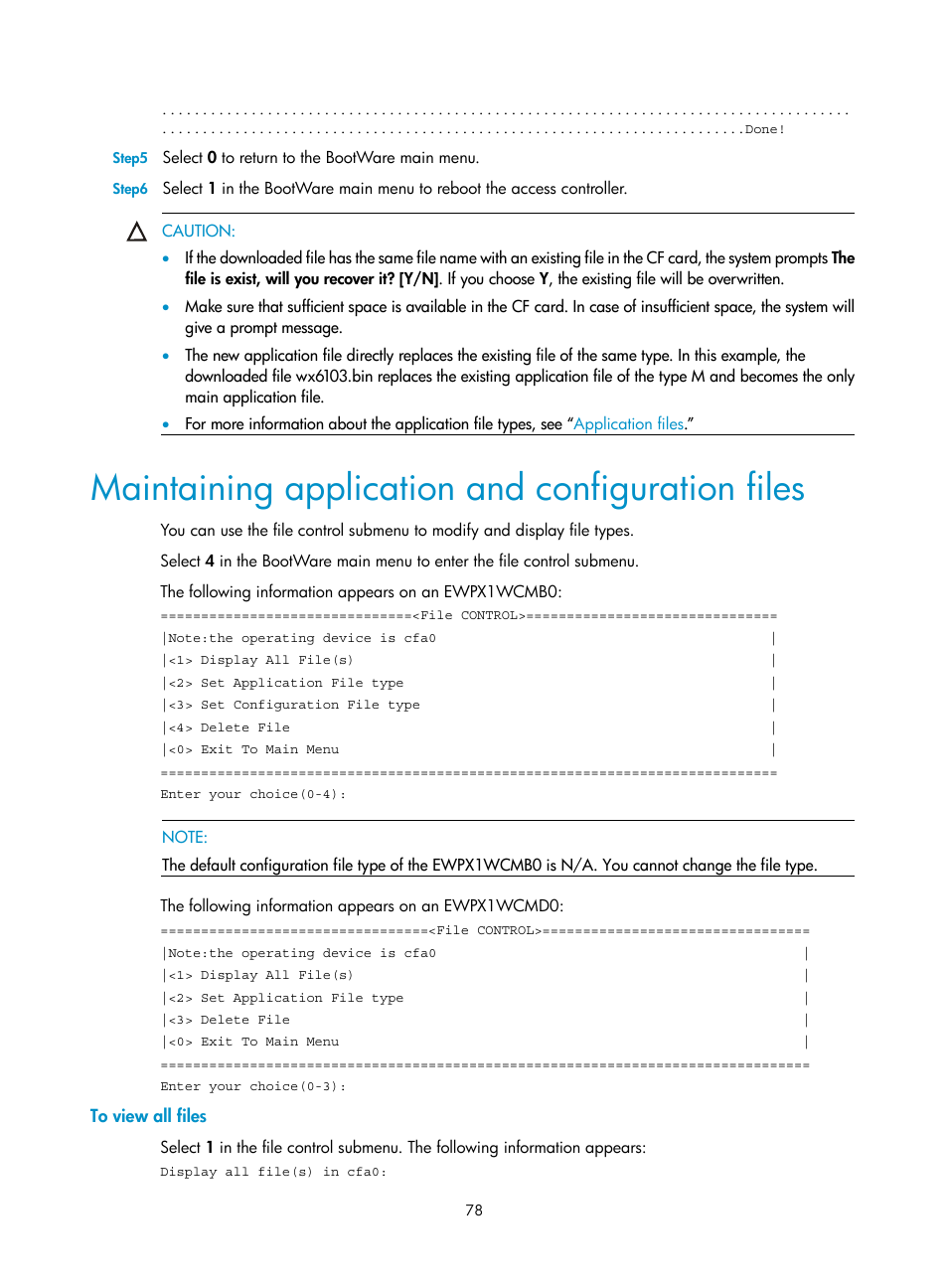 Maintaining application and configuration files, To view all files | H3C Technologies H3C WX6000 Series Access Controllers User Manual | Page 86 / 90
