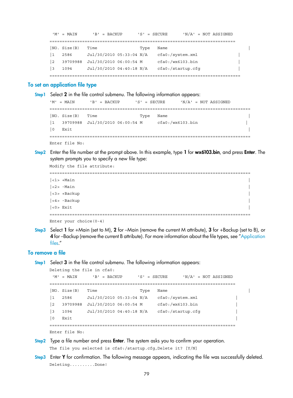 To set an application file type, To remove a file | H3C Technologies H3C WX6000 Series Access Controllers User Manual | Page 87 / 90