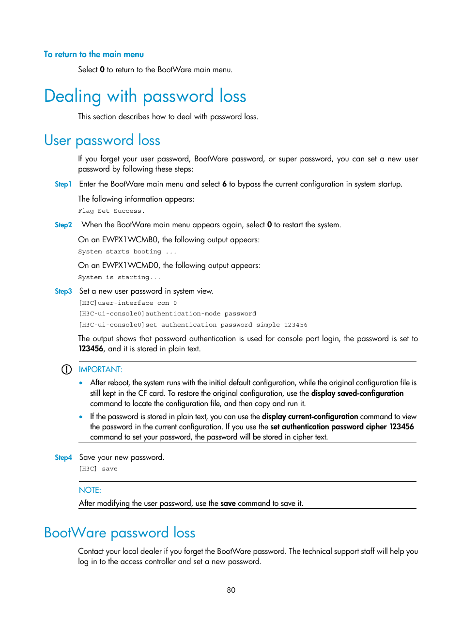 To return to the main menu, Dealing with password loss, User password loss | Bootware password loss | H3C Technologies H3C WX6000 Series Access Controllers User Manual | Page 88 / 90