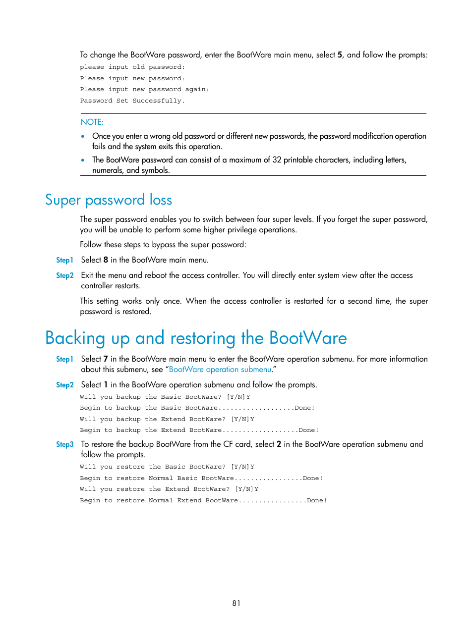 Super password loss, Backing up and restoring the bootware | H3C Technologies H3C WX6000 Series Access Controllers User Manual | Page 89 / 90