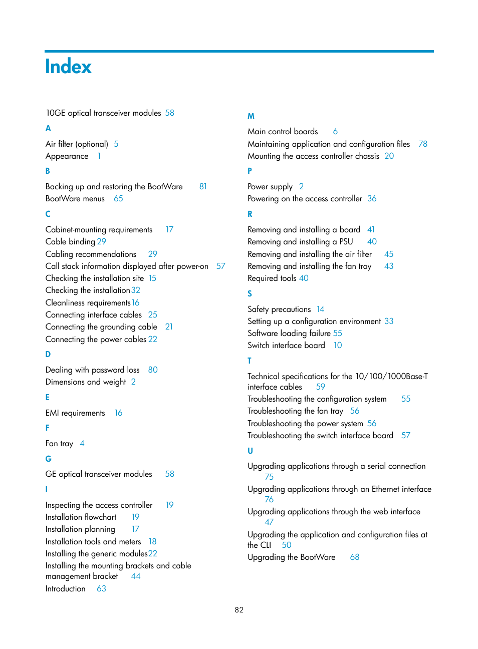 Index | H3C Technologies H3C WX6000 Series Access Controllers User Manual | Page 90 / 90