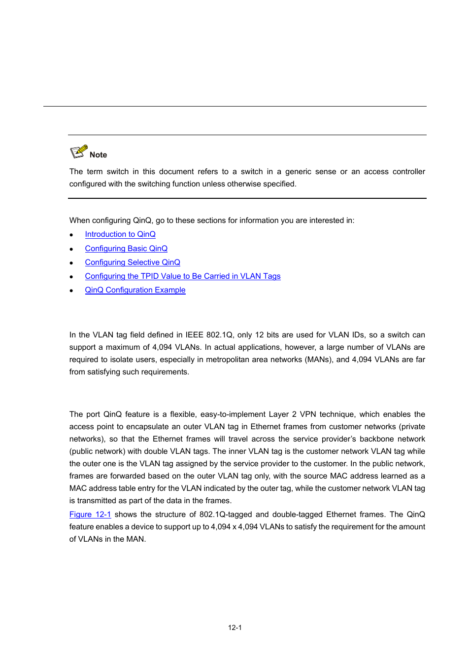 12 qinq configuration, Introduction to qinq, Understanding qinq | Qinq configuration | H3C Technologies H3C WX6000 Series Access Controllers User Manual | Page 100 / 678