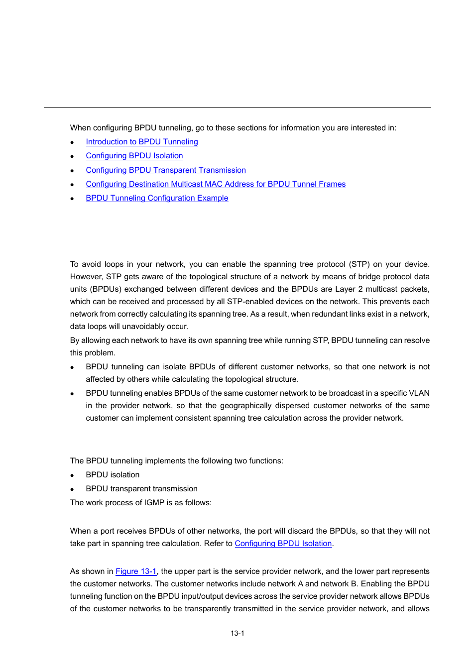 13 bpdu tunneling configuration, Introduction to bpdu tunneling, Why bpdu tunneling | How bpdu tunneling works, Bpdu isolation, Bpdu transparent transmission, 1 how bpdu tunneling works, Bpdu tunneling configuration | H3C Technologies H3C WX6000 Series Access Controllers User Manual | Page 108 / 678