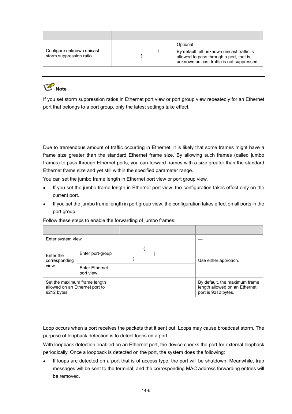 Enabling forwarding of jumbo frames, Enabling loopback detection on an ethernet port | H3C Technologies H3C WX6000 Series Access Controllers User Manual | Page 119 / 678