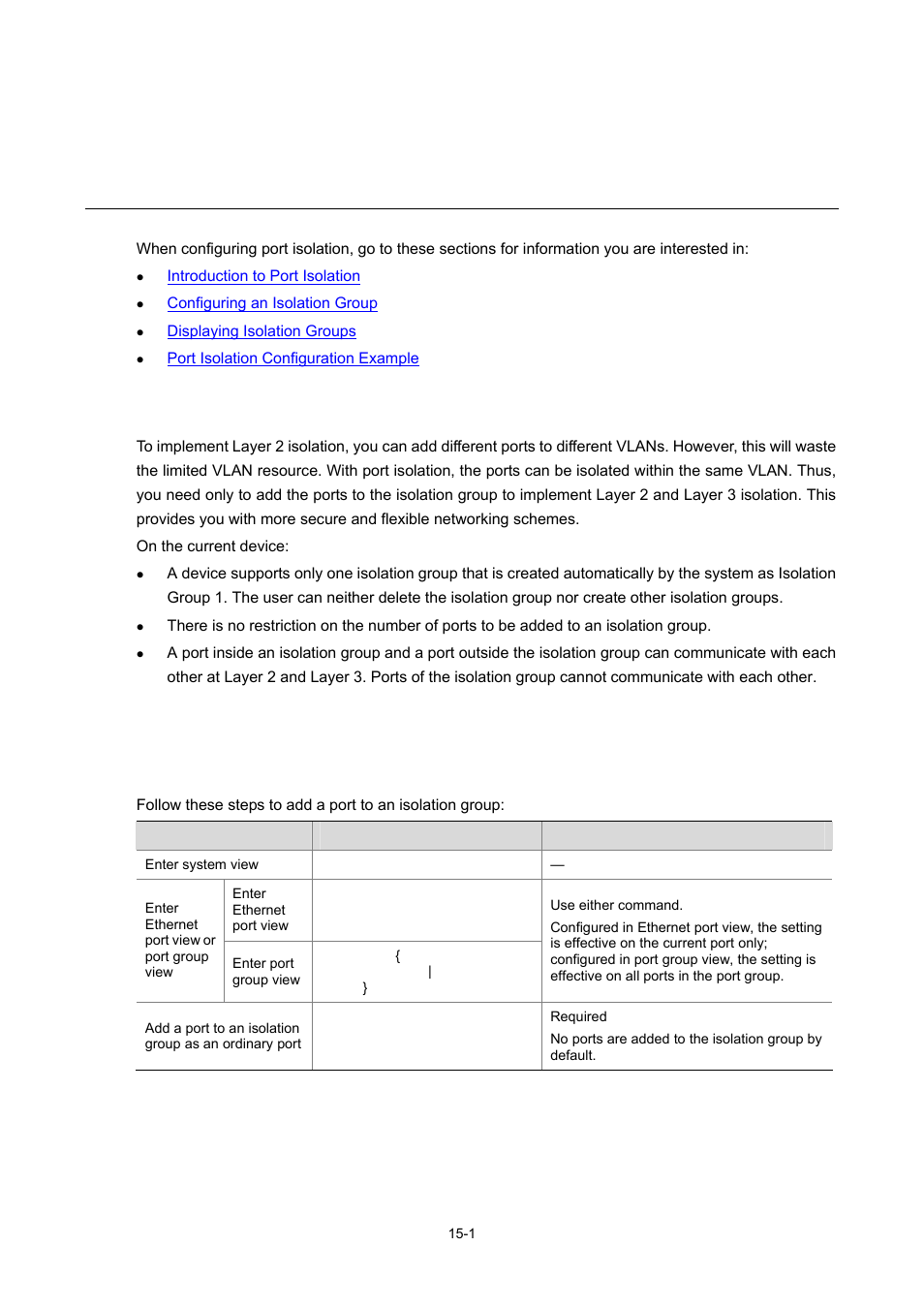 15 port isolation configuration, Introduction to port isolation, Configuring an isolation group | Adding a port to an isolation group, 1 configuring an isolation group, Port isolation configuration | H3C Technologies H3C WX6000 Series Access Controllers User Manual | Page 124 / 678