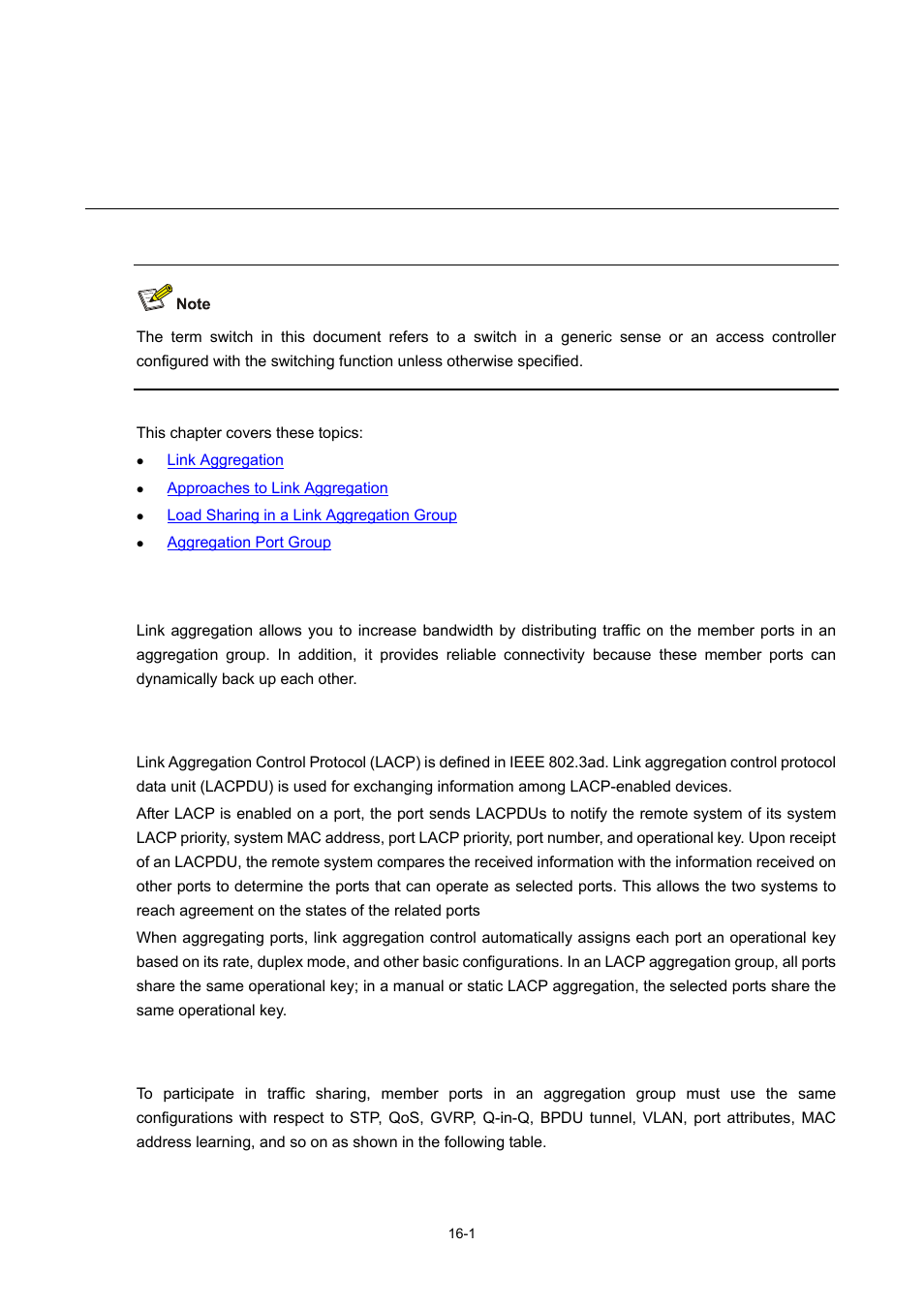 16 link aggregation overview, Link aggregation, Lacp | Link aggregation overview | H3C Technologies H3C WX6000 Series Access Controllers User Manual | Page 127 / 678