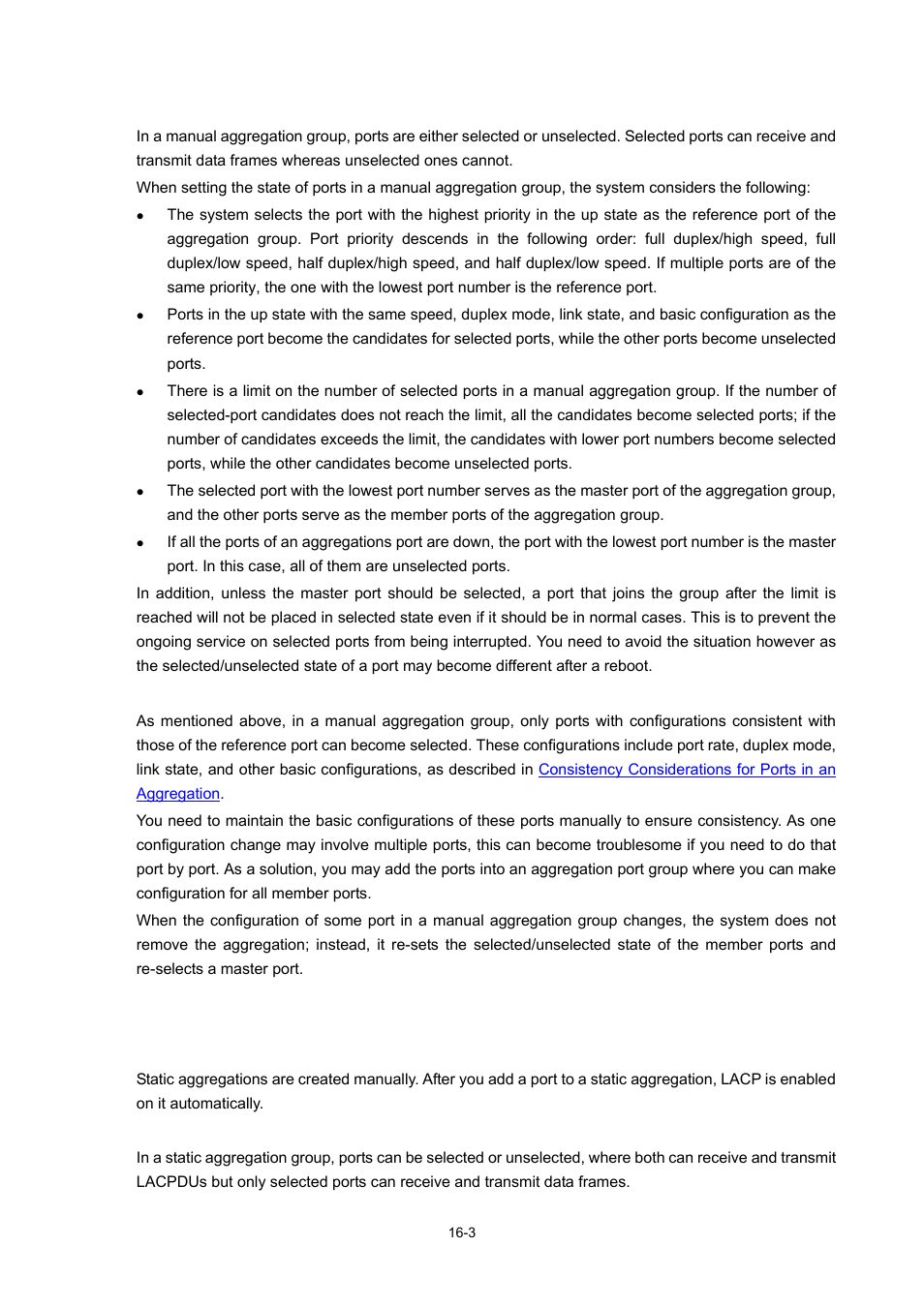 Port states in a manual aggregation, Static lacp link aggregation, Overview | Port states in static aggregation | H3C Technologies H3C WX6000 Series Access Controllers User Manual | Page 129 / 678