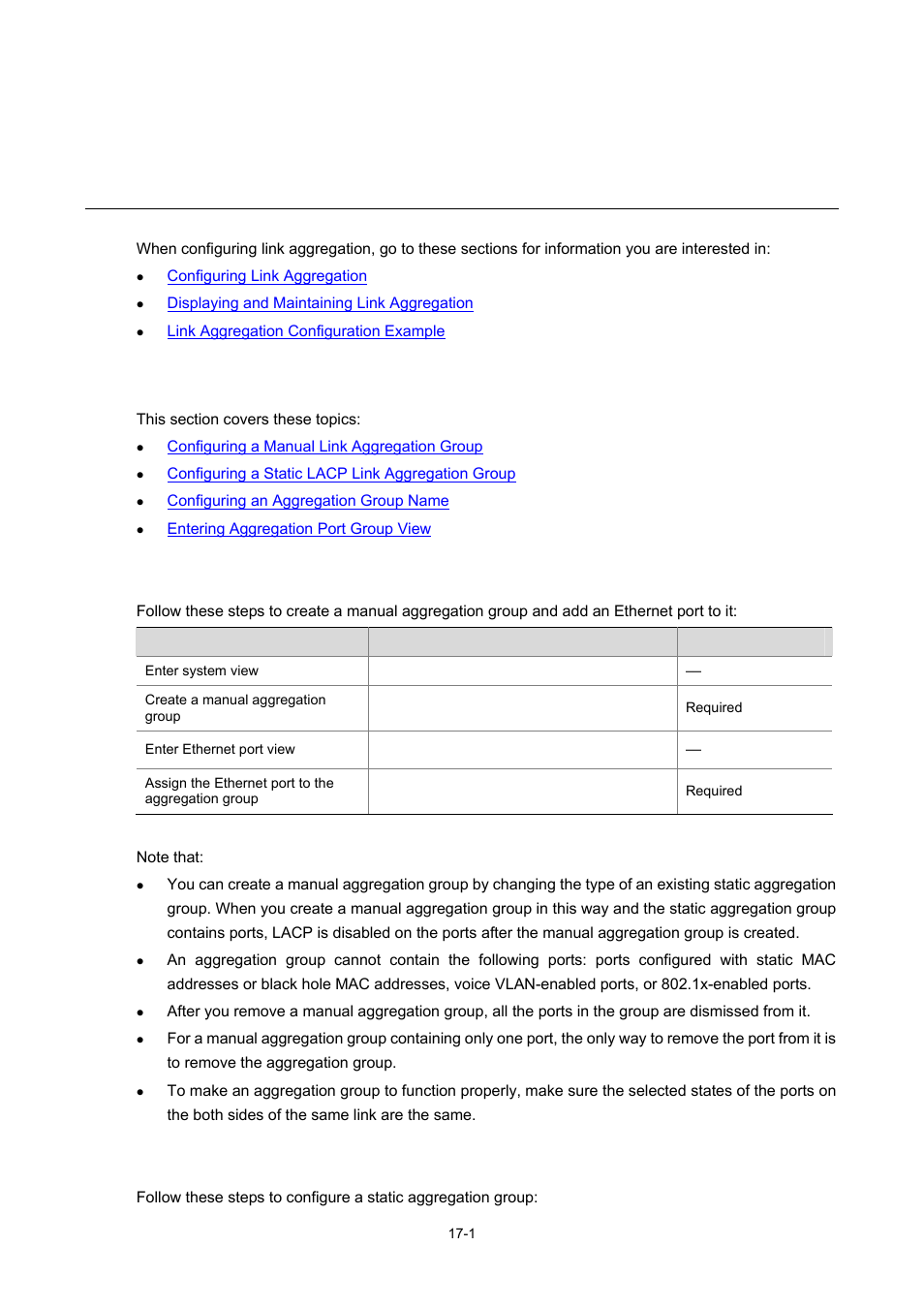 17 link aggregation configuration, Configuring link aggregation, Configuring a manual link aggregation group | Configuring a static lacp link aggregation group, Link aggregation configuration | H3C Technologies H3C WX6000 Series Access Controllers User Manual | Page 132 / 678