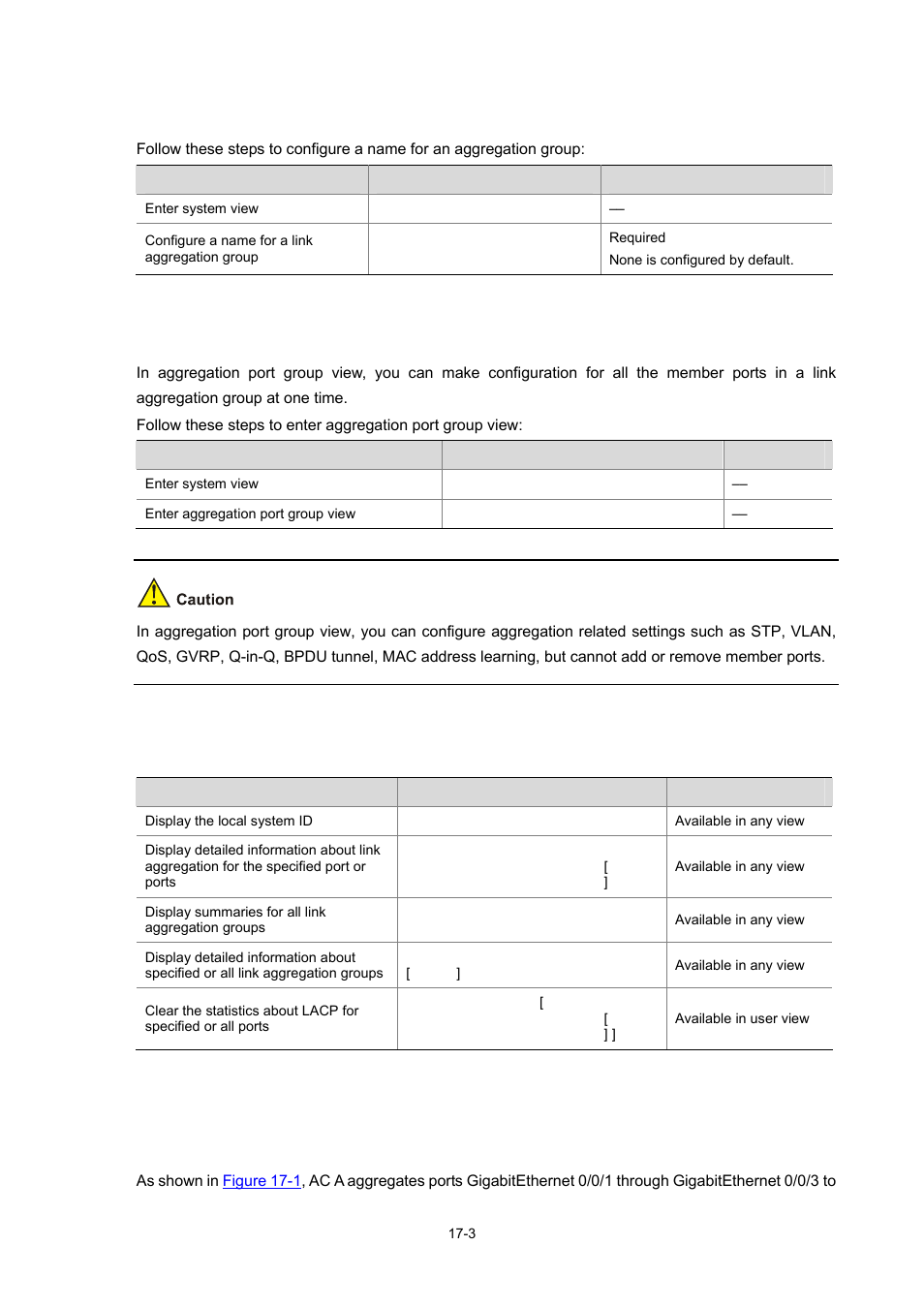 Configuring an aggregation group name, Entering aggregation port group view, Displaying and maintaining link aggregation | Link aggregation configuration example, Network requirements, 3 link aggregation configuration example | H3C Technologies H3C WX6000 Series Access Controllers User Manual | Page 134 / 678