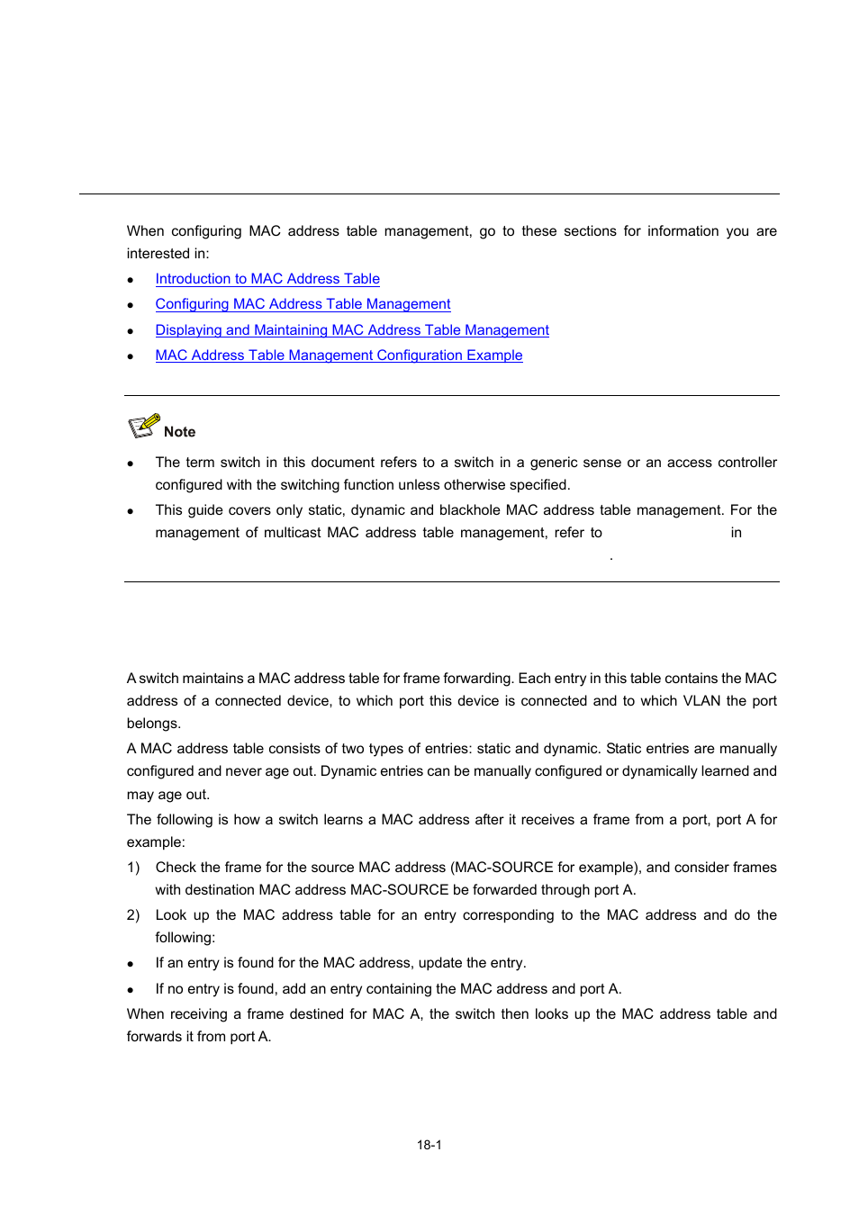 18 mac address table management configuration, Introduction to mac address table, Mac address table management configuration | H3C Technologies H3C WX6000 Series Access Controllers User Manual | Page 136 / 678