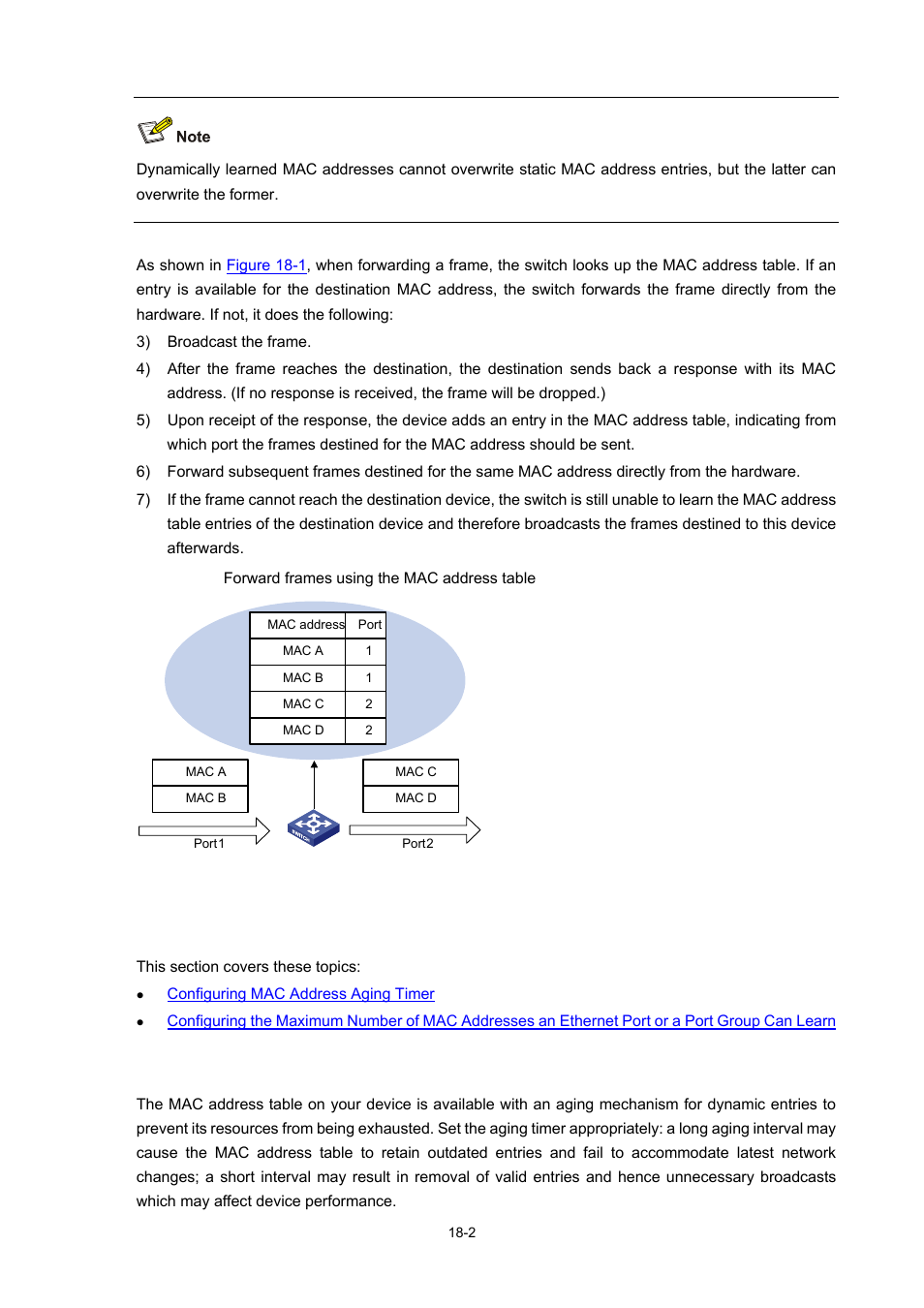 Configuring mac address table management, Configuring mac address aging timer | H3C Technologies H3C WX6000 Series Access Controllers User Manual | Page 137 / 678