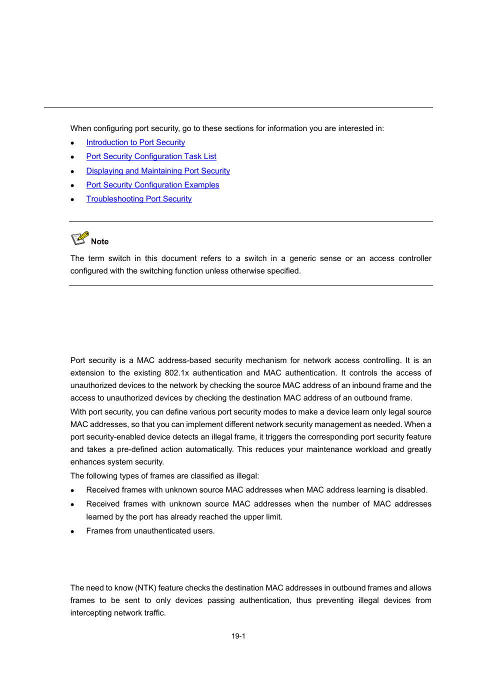 19 port security configuration, Introduction to port security, Port security overview | Port security features, 1 port security features, Port security configuration | H3C Technologies H3C WX6000 Series Access Controllers User Manual | Page 140 / 678